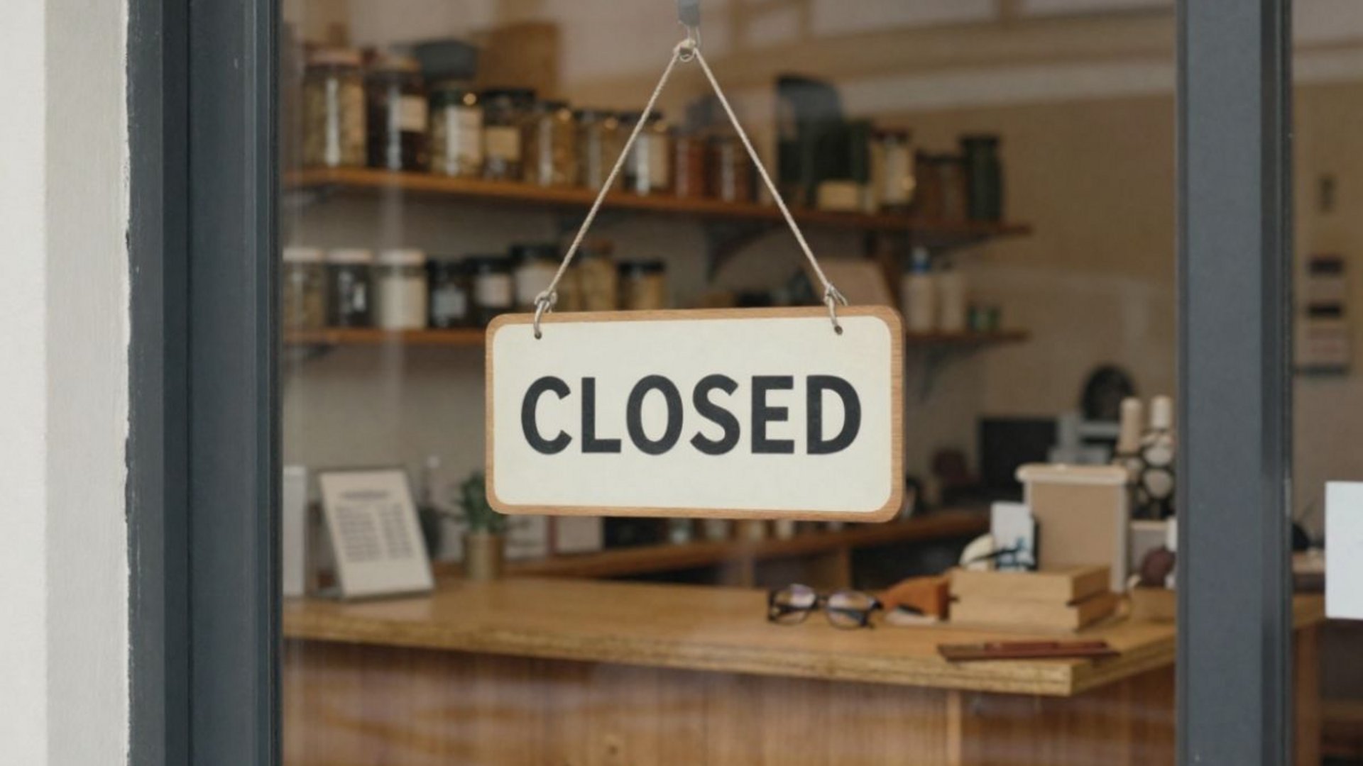 Geschlossener Laden von außen gesehen mit 'Closed'-Schild an der Tür, leere aber ordentliche Ladentheke im Inneren – Sinnbild für Unternehmensnachfolge