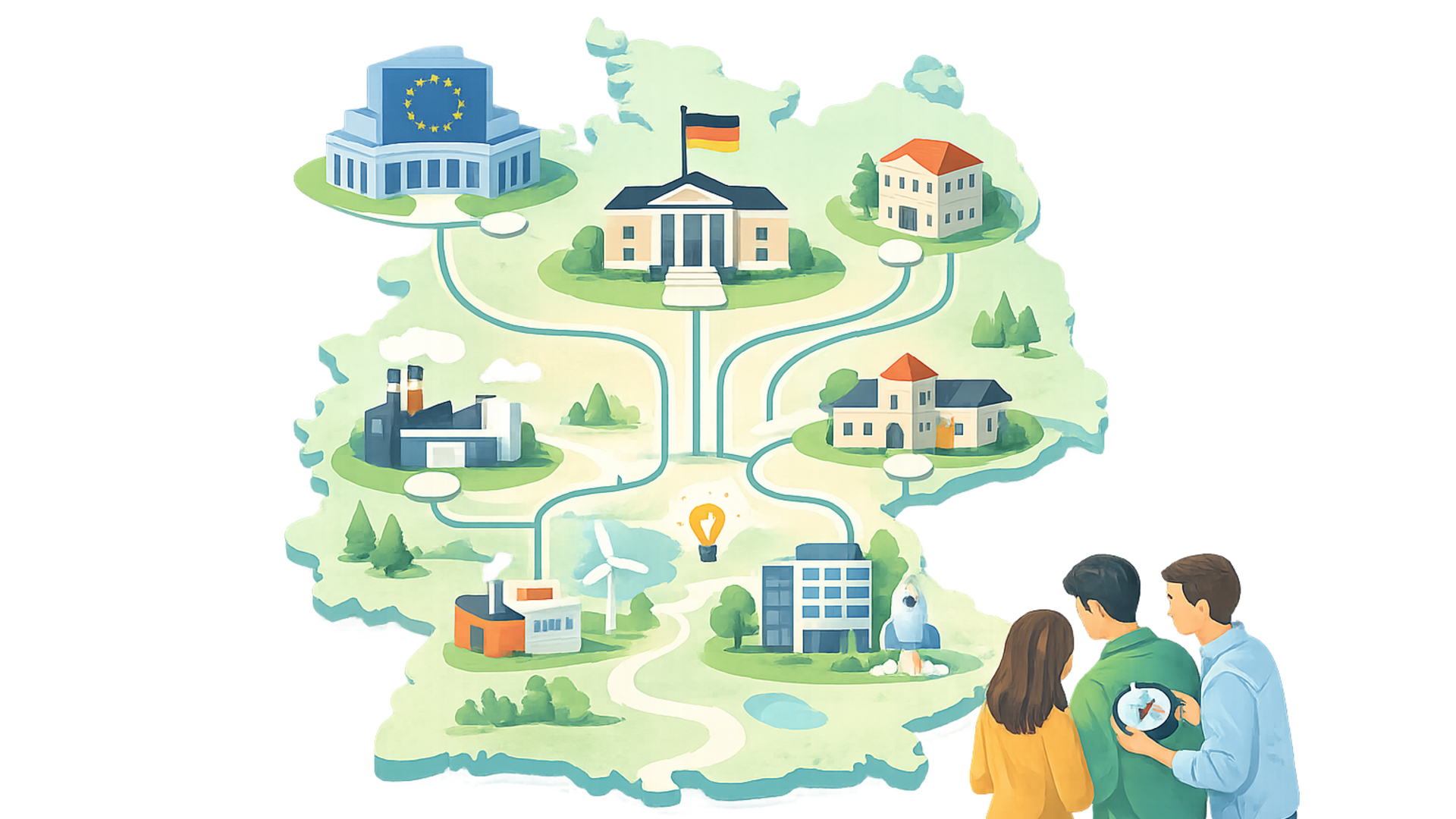 Illustration der Fördermittellandschaft in Deutschland: Landkarte von Deutschland, 3 Menschen mit Kompass, Symbole für staatliche Institutionen, Kommunen, Firmen, Startups